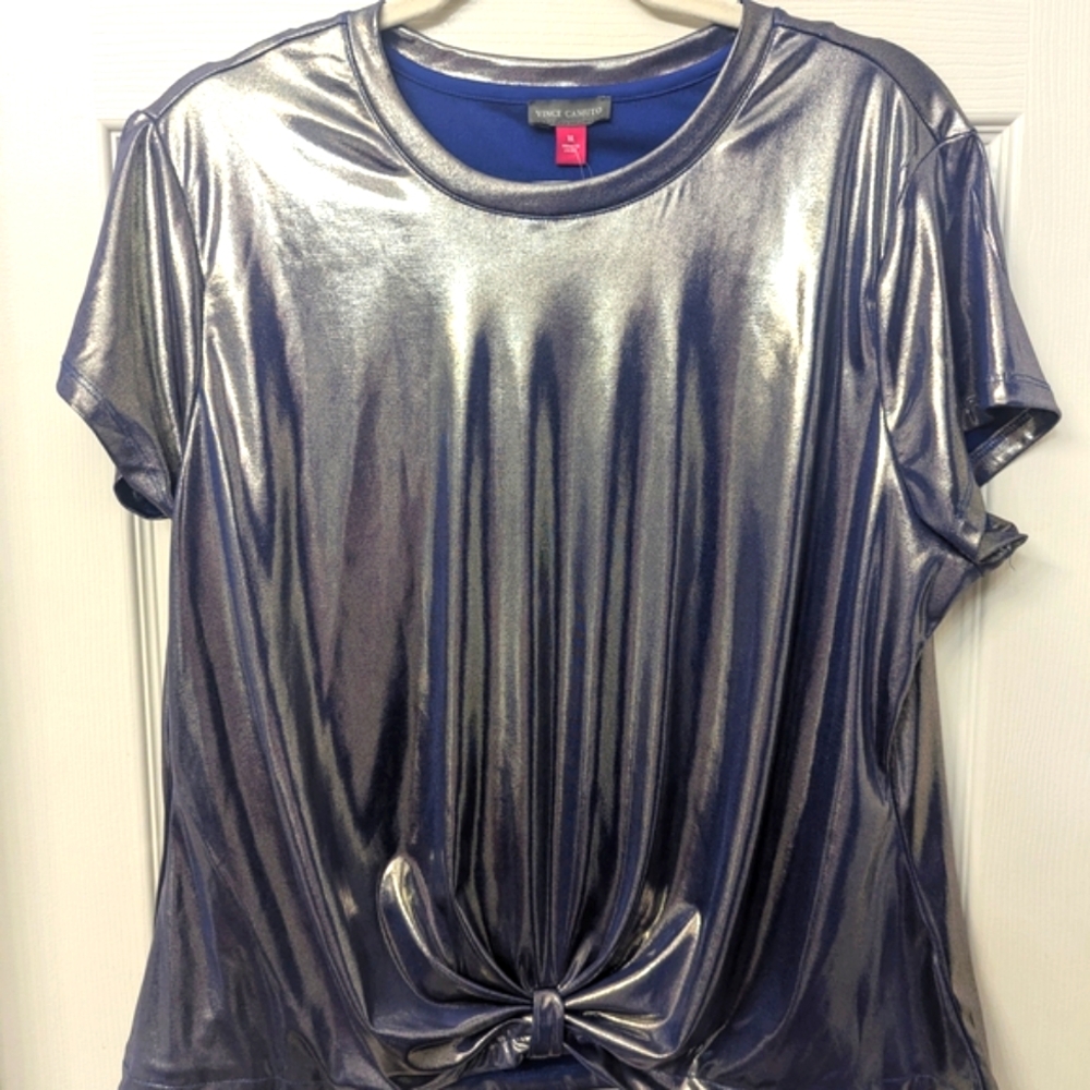 Metallic Silver Short Sleeve Women’s Top - Picture 2 of 5